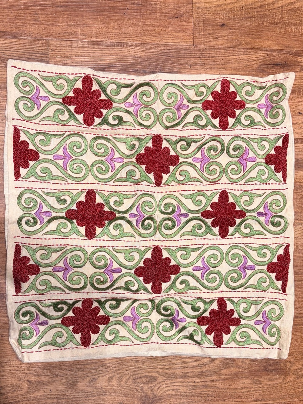 Embroidered Suzani 22”x22” Pillow Cover in Red, Green & Purple Never Used